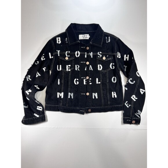Black Jean Jacket Distressed With Graffiti Letters All Over Thrashed We’r Sun M - Picture 1 of 11